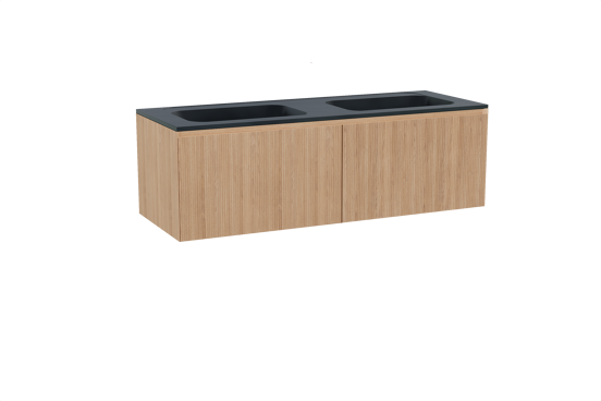 Balmani Fila zwevend badkamermeubel 150 x 55 cm natuur eik met Tablo Strada dubbele wastafel in composietmarmer mat zwart, Verticale symmetrische rechte ribbel