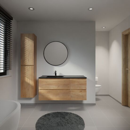 Linie Lado meuble salle de bains suspendu 120 x 46 cm chêne naturel avec Vano vasque asymétrique gauche en marbre composite noir mat
