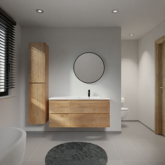 Linie Lado meuble salle de bains suspendu 120 x 46 cm chêne naturel avec Vano plan vasque asymétrique à droite en marbre composite blanc mat