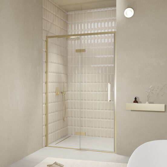 Balmani Senses Design Dusche Drehtür, Links, 140 cm x 210 cm, Klarglas, Profil Brushed Champagner Gold, inklusive Coating