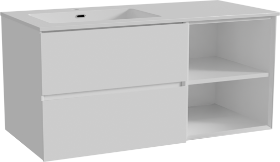 Storke Edge meuble salle de bains suspendu 110 x 52 cm blanc brillant avec Diva plan vasque asymétrique à gauche en marbre composite blanc brillant
