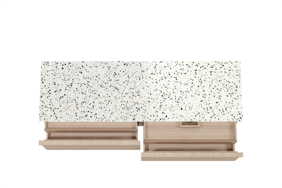 Balmani Forma hängendes Möbelstück Set: 180 x 55 cm, Naturbelassene Eiche, mit Stretto Einzel- oder Doppel Waschtischplatte, Terrazzo in Weiß/Schwarz matt, Horizontale symmetrische gerade Rippe