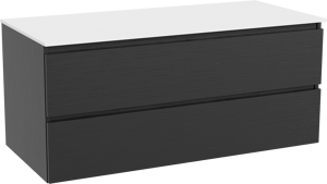 Balmani Lucida zwevend badkamermeubel 120 x 55 cm zwarte eik met Stretto enkel of dubbel tablet in solid surface mat wit