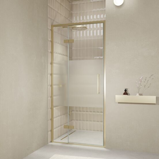 Balmani Senses Design douche draaideur links 100 cm x 210 cm Helder glas met matte strook, Brushed Champagne Gold profielen