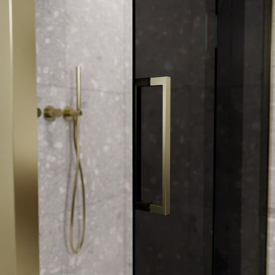 Balmani Senses Design douchehoek met rechtse schuifdeur en vaste zijwand, 120 x 100 cm, Rookglas, Brushed Champagne Gold profielen
