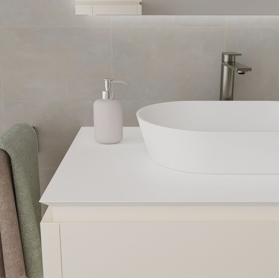 Balmani Eclips meuble salle de bains suspendu 120 x 55 cm Sandbeige avec Eclips tablette simple ou double en Solid Surface blanc mat