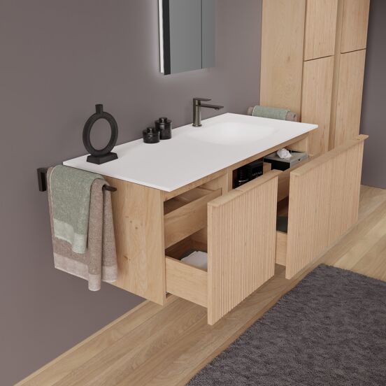 Balmani Forma zwevend badmeubel 120 x 55 cm naturel eiken met Tablo Arcato asymmetrisch rechtse wastafel in solid surface mat wit, Verticale asymmetrische ronde ribbel