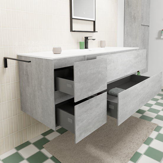 Storke Edge zwevend badmeubel 140 x 52 cm beton donkergrijs met Mata asymmetrisch rechtse wastafel in solid surface mat wit