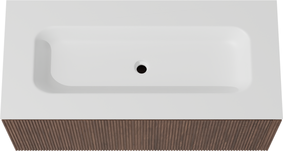 Balmani Eclips zwevend badkamermeubel 120 x 55 cm Amerikaanse notelaar met Tablo Arcato enkele wastafel in Solid Surface mat wit, Verticale symmetrische rechte ribbel