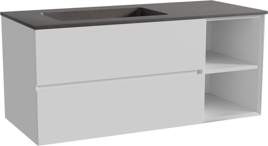Storke Edge zwevend badmeubel 120 x 52 cm mat wit met Scuro asymmetrisch linkse wastafel in kwarts mat zwart