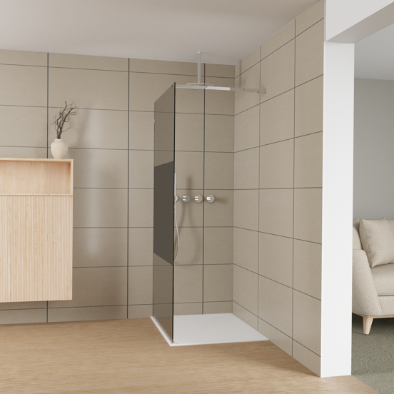 Balmani Modular douche à l'italienne: 100 x 200 cm, Verre fumé avec bande mate, avec coating, Profil Chrome brillant