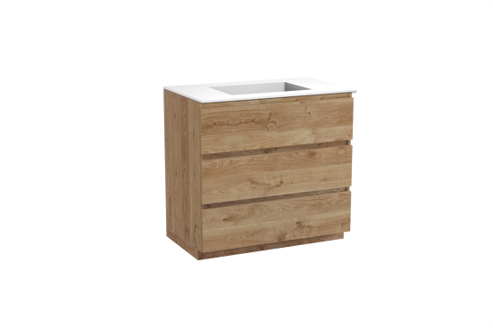 Balmani Lucida meuble salle de bains à poser 90 x 55 cm chêne brut avec Tablo Stretto plan simple en solid surface blanc mat