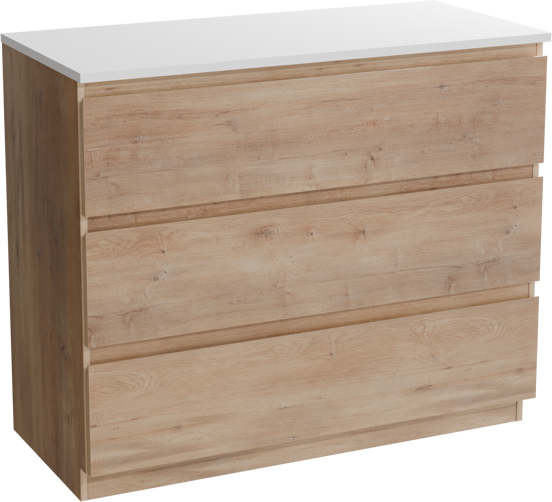 Linie Lado freistehendes Möbelstück Set: 100 x 46 cm, Naturbelassene Eiche, mit Lado Einzel- oder Doppel Waschtischplatte, Marmorkomposit Weiß matt