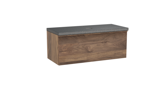Balmani Forma hängendes Möbelstück Set: 120 x 55 cm, Amerikanischer Nussbaum, mit Rock Einzel Waschtischplatte, Granit, Schwarzes Granit, Horizontale symmetrische gerade Rippe