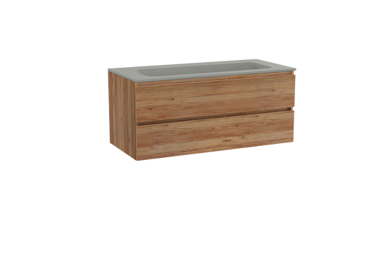 Balmani Lucida meuble salle de bains suspendu 120 x 55 cm teck avec Tablo Strada lavabo simple pour 2 trous de robinet en marbre composite soie grise