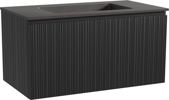 Storke Ribs zwevend badkamermeubel 95 x 52 cm zwarte eik met Scuro enkele wastafel in kwarts mat zwart, Verticale asymmetrische rechte ribbel