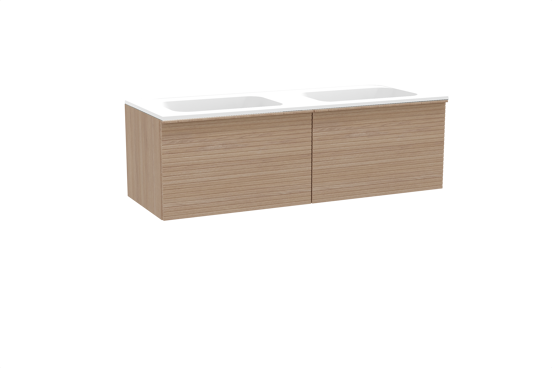 Balmani Forma zwevend badkamermeubel 150 x 55 cm natuur eik met Tablo Strada dubbele wastafel in composietmarmer mat wit, Horizontale symmetrische rechte ribbel