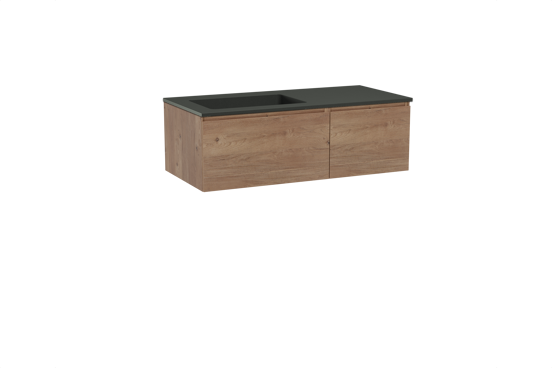 Storke Edge meuble salle de bains suspendu 110 x 52 cm chêne brut avec Scuro plan vasque asymétrique à gauche en quartz noir mat