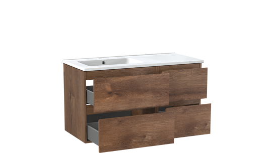 Linie Lado zwevend badmeubel 100 x 46 cm bruin eiken met Vano asymmetrisch linkse wastafel in composietmarmer hoogglans wit