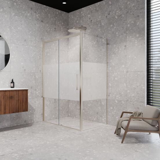 Balmani Senses Design douchehoek met linkse schuifdeur en vaste zijwand, 120 x 90 cm, Helder glas met matte strook, Brushed CoolMetal profielen, met coating