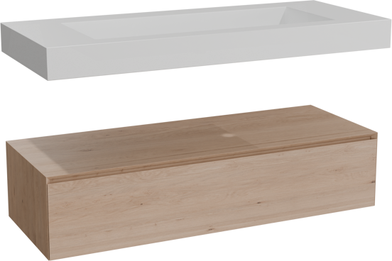 Balmani Mitra Elements zwevend badkamermeubel 135 x 55 cm natuur eik met Modus enkele wastafel voor 2 kraangaten in solid surface mat wit