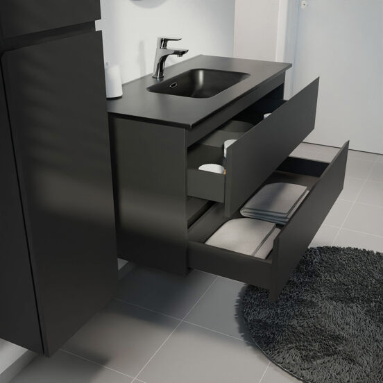 Linie Lado hängendes Möbelstück Set: 100 x 46 cm, Schwarz matt, mit Baro Einzelwaschtisch, Porzellan Schwarz matt