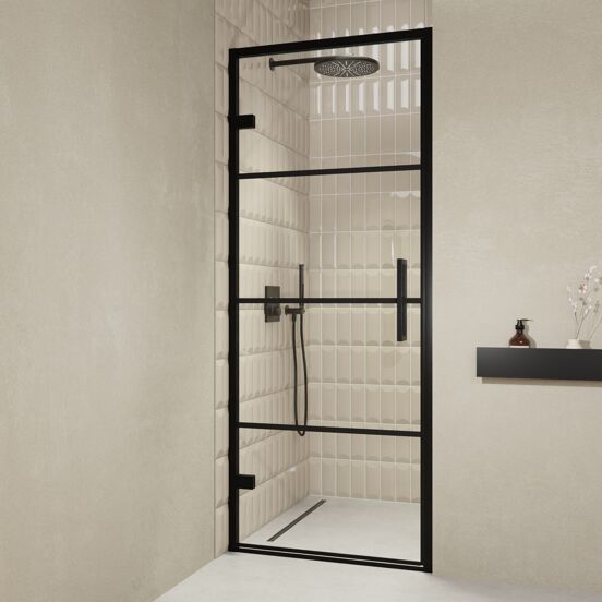 Balmani Senses Design douche draaideur links 90 cm x 210 cm Lined glas, Zwarte profielen, met coating