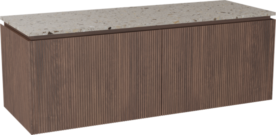 Balmani Eclips hängendes Möbelstück Set: 150 x 55 cm, Amerikanischer Nussbaum, mit Stretto Einzel- oder Doppel Waschtischplatte Greige Terrazzo, Vertikale symmetrische gerade Rippe