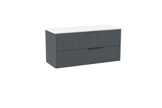 Linie Ribbo meuble salle de bains suspendu 120 x 46 cm bleu anthracite avec Lado tablette double en marbre composite blanc mat, Nervure circulaire symétrique verticale