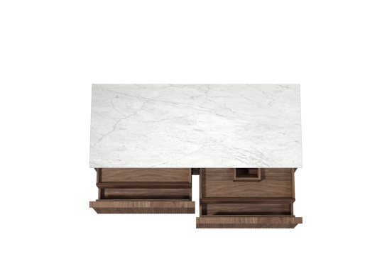 Balmani Forma hängendes Möbelstück Set: 135 x 55 cm, Amerikanischer Nussbaum, mit Stretto Einzel- oder Doppel Waschtischplatte, Marmor, Carrara, Vertikale symmetrische gerade Rippe