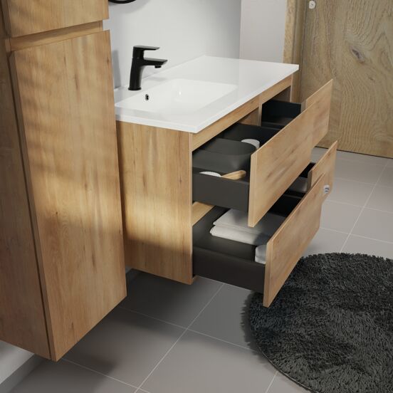 Linie Lado zwevend badmeubel 100 x 46 cm naturel eiken met Vano asymmetrisch linkse wastafel in composietmarmer hoogglans wit