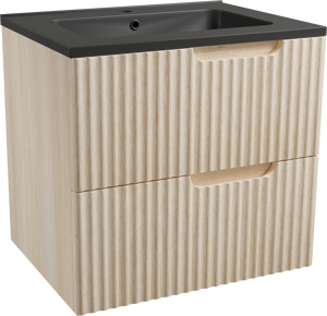 Linie Ribbo meuble salle de bains suspendu 60 x 46 cm chêne clair avec Vano plan simple en marbre composite noir mat, Nervure circulaire symétrique verticale