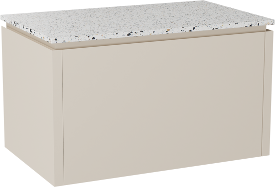 Balmani Eclips hängendes Möbelstück Set: 90 x 55 cm, Sandbeige, mit Stretto Einzel Waschtischplatte Bianco Nero Terrazzo