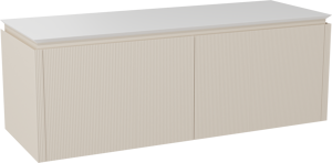 Balmani Eclips meuble salle de bains suspendu 150 x 55 cm Sandbeige avec Eclips tablette simple ou double vasque en Solid Surface blanc mat, Nervure droite symétrique verticale