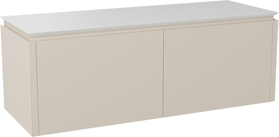 Balmani Eclips meuble salle de bains suspendu 150 x 55 cm Sandbeige avec Eclips tablette simple ou double vasque en Solid Surface blanc mat, Nervure droite symétrique verticale