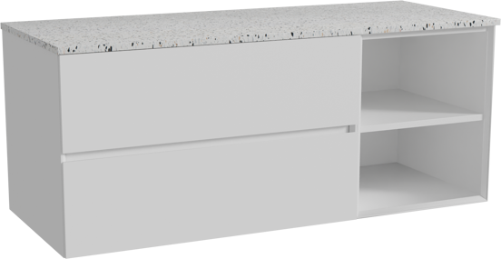 Storke Edge zwevend badmeubel 130 x 52 cm mat wit met Tavola enkel of dubbel wastafelblad in mat wit/zwart terrazzo