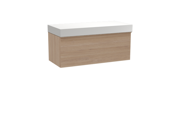 Balmani Forma hängendes Möbelstück Set: 120 x 55 cm, Naturbelassene Eiche, mit Dominus Einzel- oder Doppel Waschtischplatte, Solid Surface, Weiß matt, Horizontale symmetrische gerade Rippe
