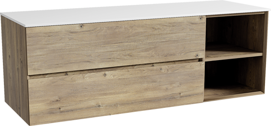 Storke Edge zwevend badmeubel 150 x 52 cm ruw eiken met Tavola enkel of dubbel wastafelblad in solid surface mat wit