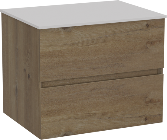 Storke Edge hängendes Möbelstück Set: 60 x 46 cm, Rohe Eiche, mit Tavola Einzel Waschtischplatte, Solid Surface Weiß matt
