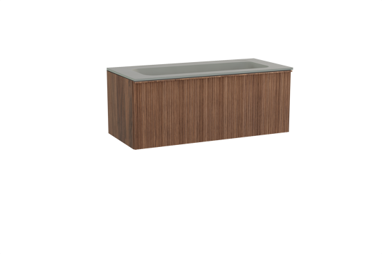 Balmani Forma hängendes Möbelstück Set: 120 x 55 cm, Amerikanischer Nussbaum, mit Tablo Strada Einzelwaschtisch für 2 Armaturenlöcher, Marmorkomposit, Seidengrau, Vertikale asymmetrische Runde Rippe