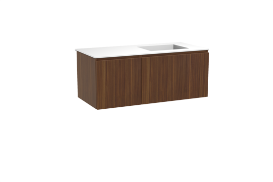 Balmani Sfera zwevend badmeubel 120 x 55 cm amerikaans notenhout met Tablo Stretto asymmetrisch rechtse wastafel in solid surface mat wit