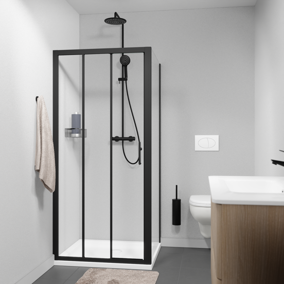 Linie Cadiz Eckdusche dreiteilige Schiebetür mit fixierter Seitenwand, 80 x 80 cm, Klarglas, Profil Schwarz