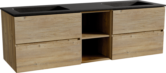 Storke Edge zwevend badmeubel 165 x 52 cm ruw eiken met Scuro dubbele wastafel in kwarts mat zwart