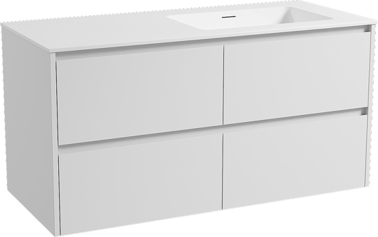 Storke Seda zwevend badmeubel 120 x 52 cm mat wit met Mata asymmetrisch rechtse wastafel in solid surface mat wit