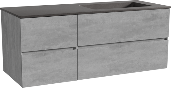 Storke Edge zwevend badmeubel 130 x 52 cm beton donkergrijs met Scuro asymmetrisch rechtse wastafel in kwarts mat zwart