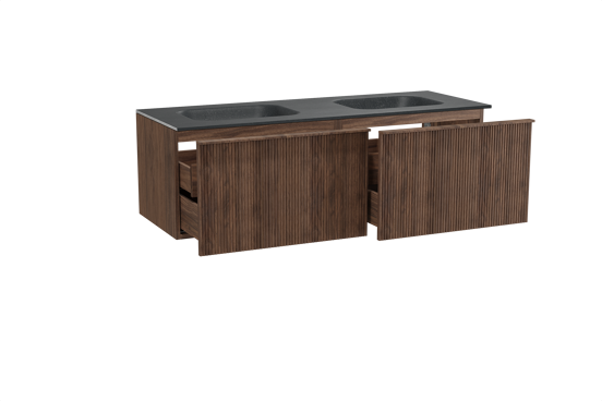 Balmani Forma zwevend badkamermeubel 150 x 55 cm amerikaanse notelaar met Tablo Arcato dubbele wastafel in graniet zwart, Verticale symmetrische rechte ribbel