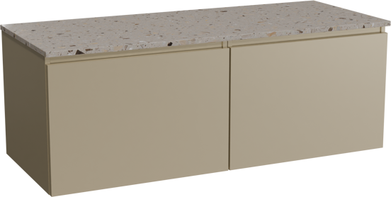 Balmani Sfera hängendes Möbelstück Set: 135 x 55 cm, Dune, mit Stretto Einzel- oder Doppel Waschtischplatte, Terrazzo in Greige