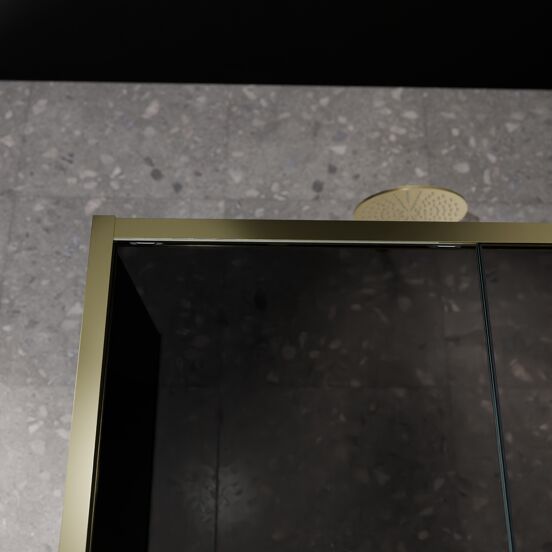 Balmani Senses Design douchehoek met rechtse schuifdeur en vaste zijwand, 120 x 100 cm, Rookglas, Brushed Champagne Gold profielen