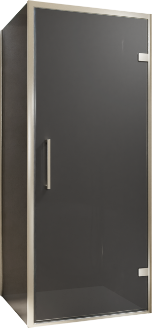 Balmani Senses Design douchecabine met rechtse draaideur en vaste zijwand, 90 x 90 cm, Rookglas, Brushed CoolMetal profielen