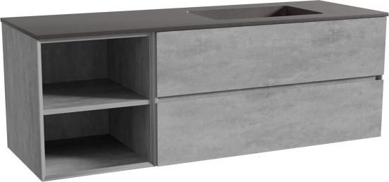 Storke Edge zwevend badmeubel 150 x 52 cm beton donkergrijs met Scuro asymmetrisch rechtse wastafel in kwarts mat zwart